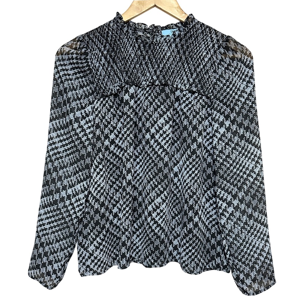 CeCe Puff Sleeve Plaid‎ Blouse Womens XS Houndstooth Sheer Long Sleeve Office